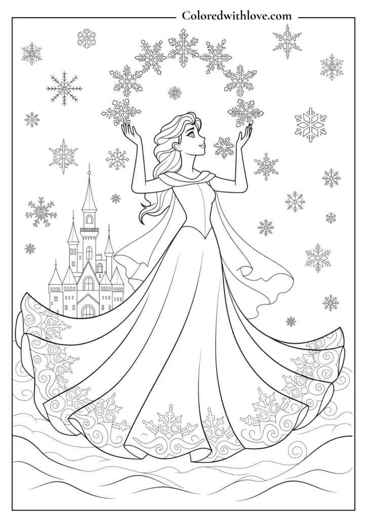 Elsa in a flowing gown, conjuring snowflakes above her outstretched hands coloring page.