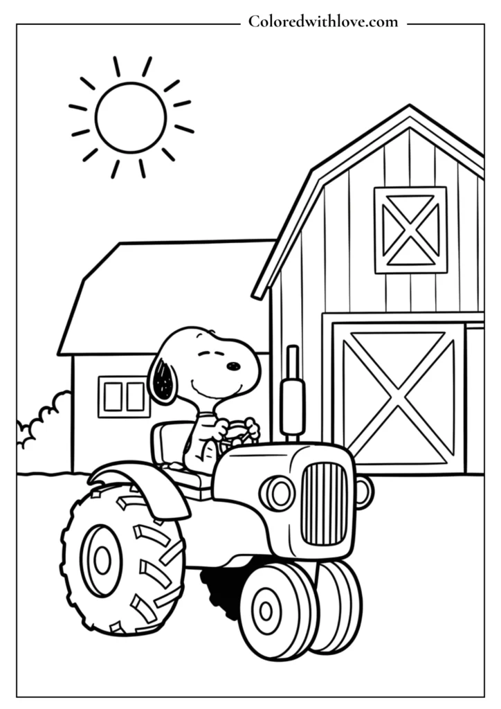  Easy toddler coloring page of Snoopy driving a farm tractor.