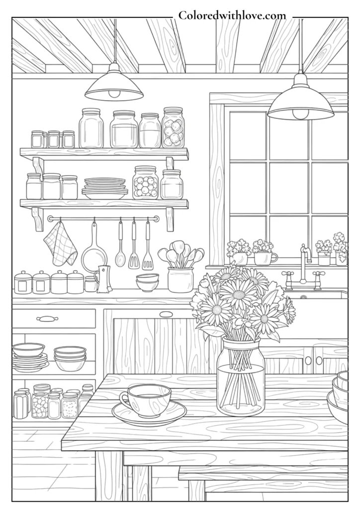 Cozy kitchen coloring page with stove, kettle and hanging mugs