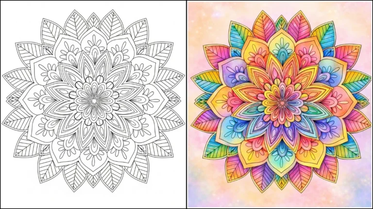 detailed floral mandala coloring page black and white and rainbow colored version for relaxing adult coloring