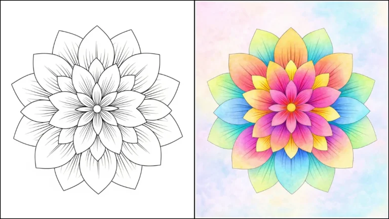 easy mandala coloring page for kids with colorful pastel design, simple floral mandala, printable coloring page