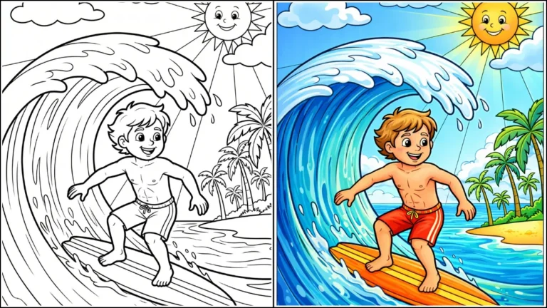 Cute boy surfing a big ocean wave on a sunny beach with palm trees – summer coloring page for kids printable