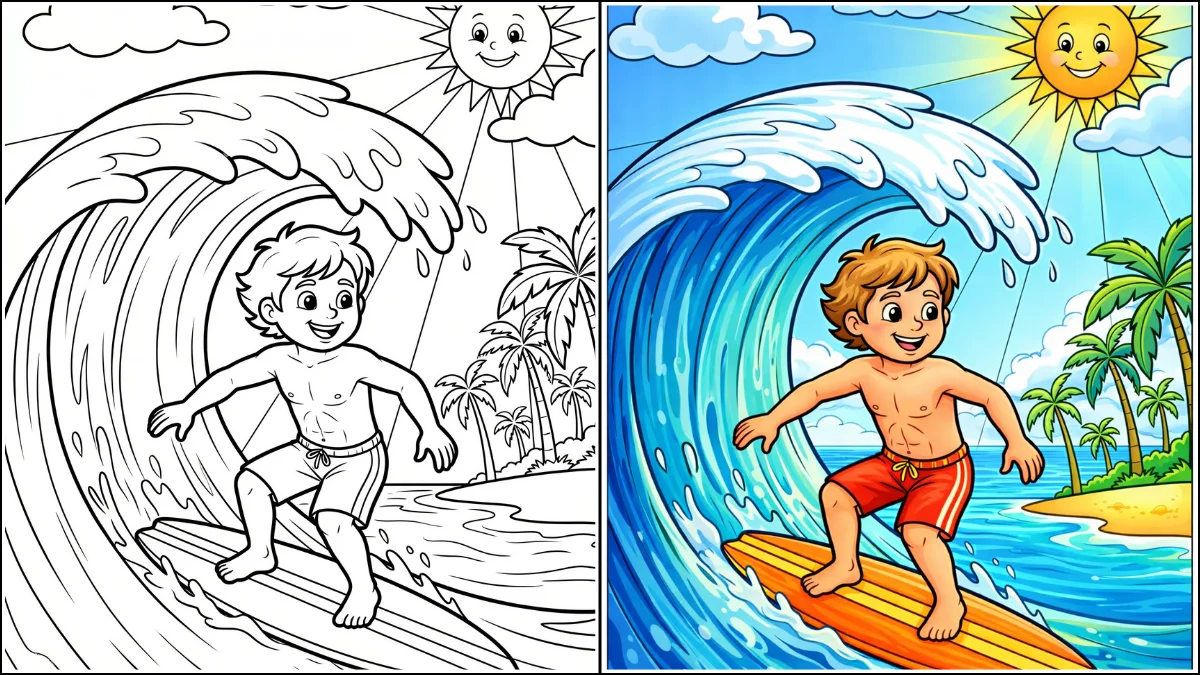 Cute boy surfing a big ocean wave on a sunny beach with palm trees – summer coloring page for kids printable