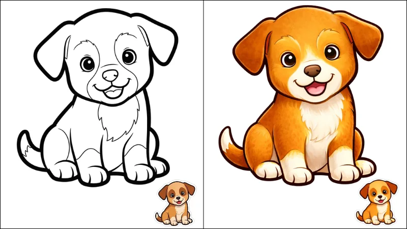 Puppy coloring sheet with colored example