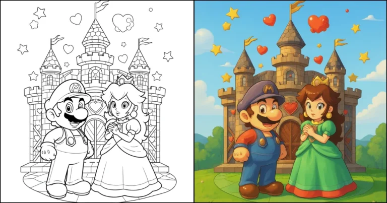 Mario and princess castle coloring page before and after colored version with vibrant colors