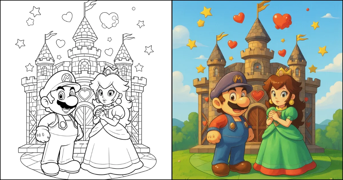 Mario and princess castle coloring page before and after colored version with vibrant colors