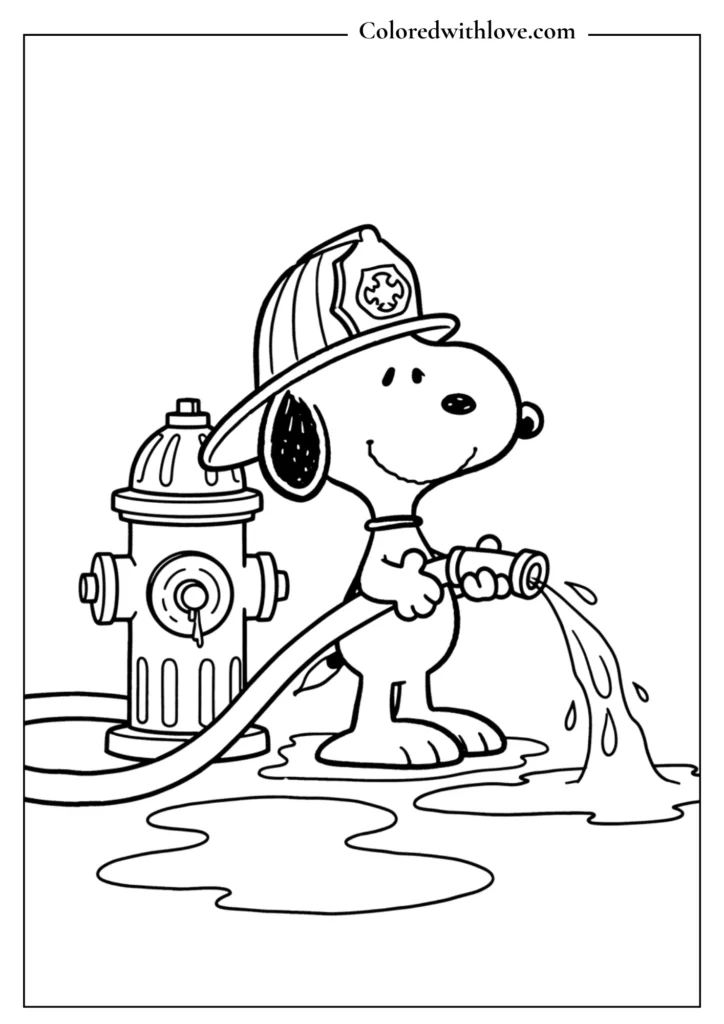 Easy preschool coloring page of Firefighter Snoopy with a fire hydrant.