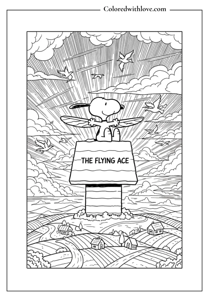 Snoopy as the Flying Ace on his doghouse with a dramatic cloudy sky printable coloring page.