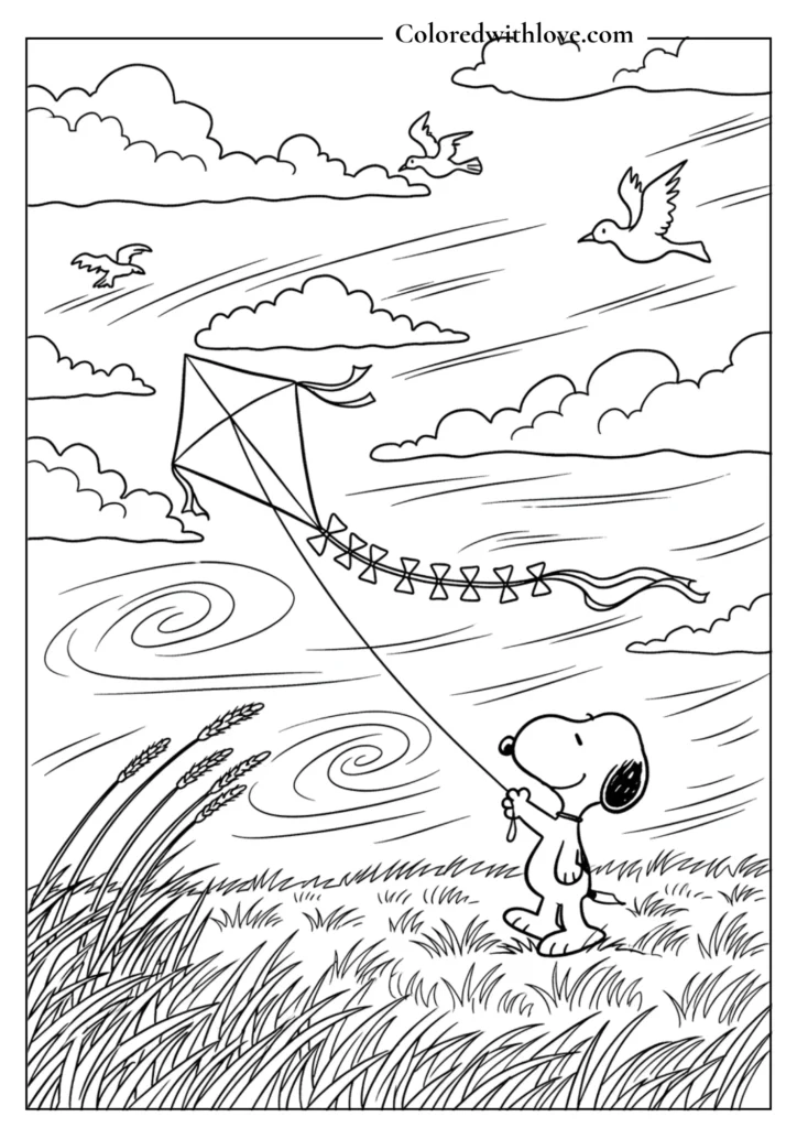 Snoopy flying a diamond kite on a very windy day printable coloring page