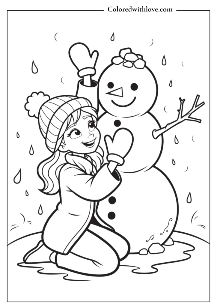 Young Anna kneeling in the snow, building a snowman coloring page.