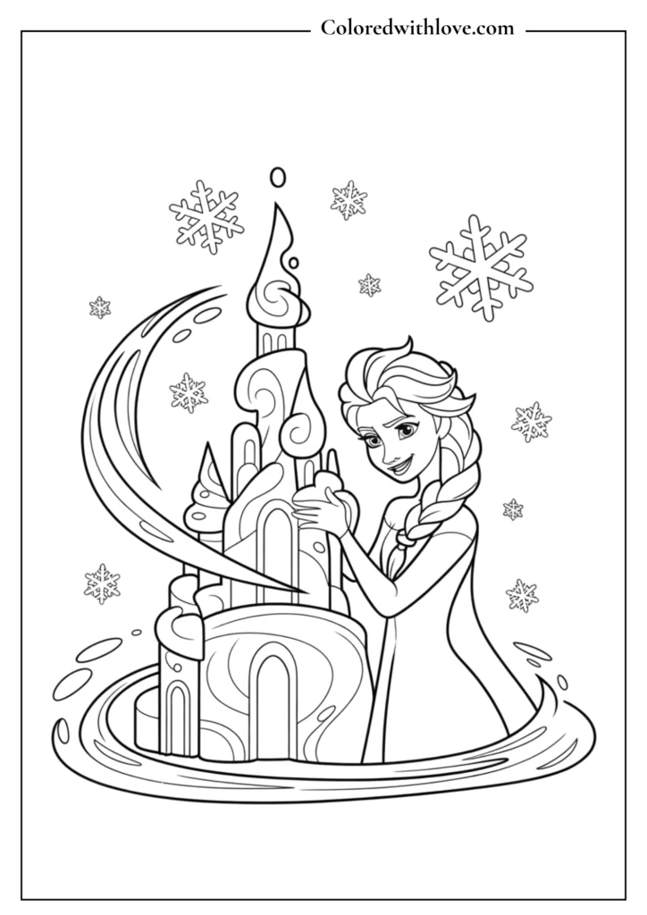 Elsa standing gracefully below swirling magic and a towering ice castle, coloring page.