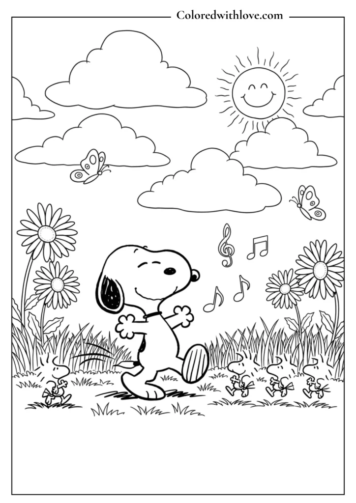 Snoopy and Woodstock doing a happy dance in a spring meadow coloring page for kids.
