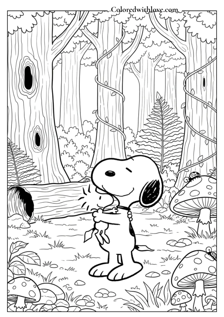 Detailed coloring page of Snoopy hugging his bird friend Woodstock in a magical forest