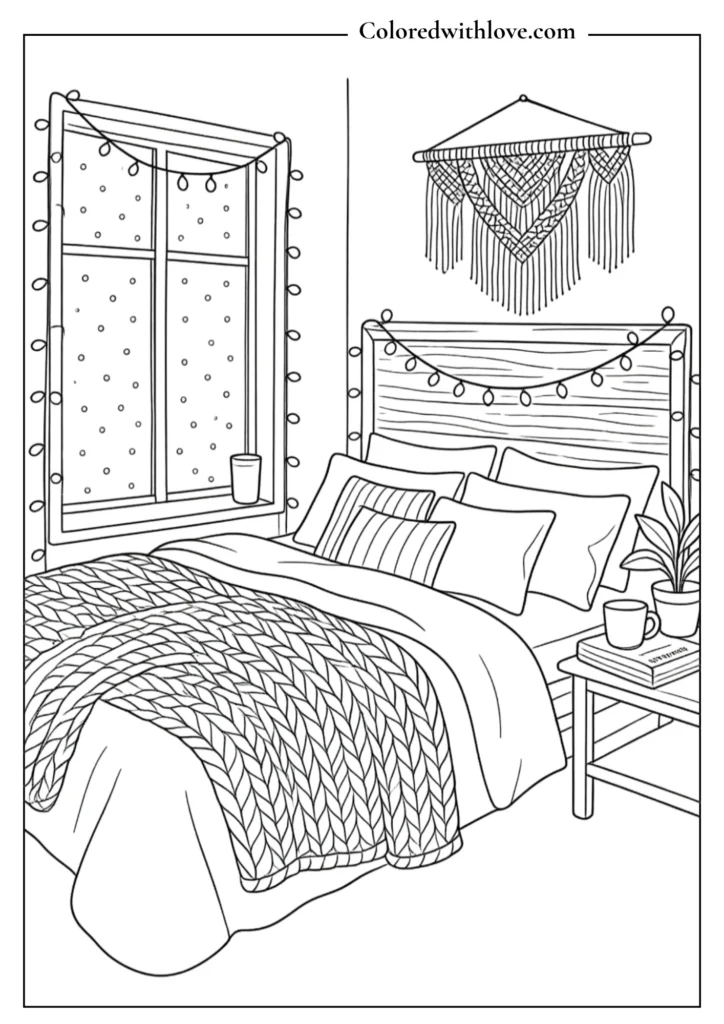 Cozy bedroom coloring page with fairy lights and soft blankets