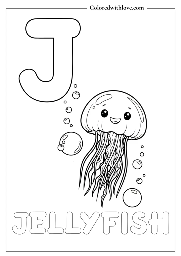 Cute jellyfish with letter J Coloring page 