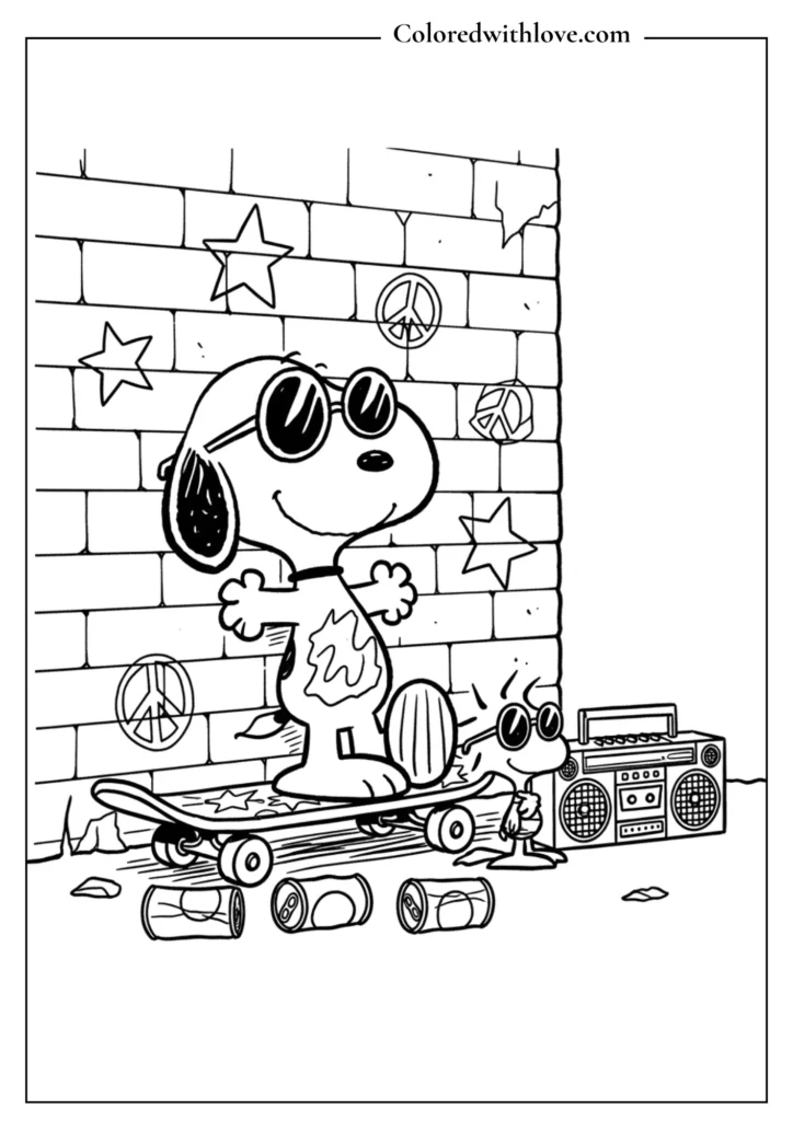 Joe Cool Snoopy leaning against a graffiti brick wall coloring page for teenagers and kids.