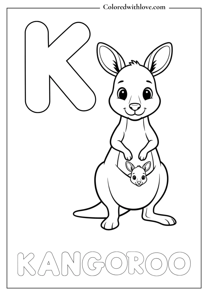Kangaroo with baby in pouch Alphabet coloring page
