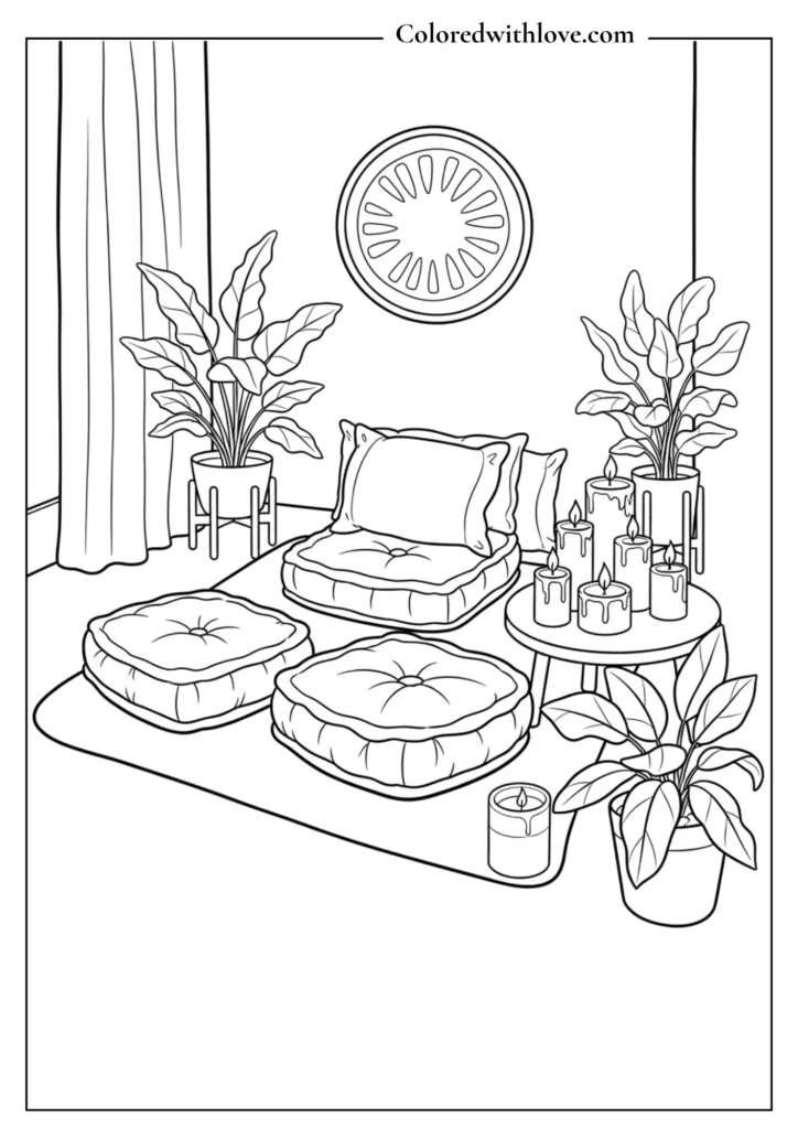 Cozy meditation corner coloring page with cushions, candles and plants