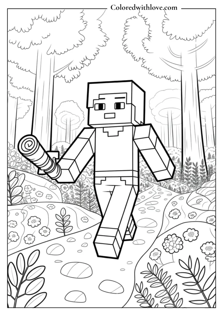 Alex exploring a forest with a map Coloring Page
