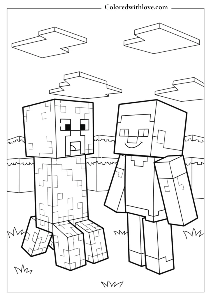 Creeper and Steve Coloring Page