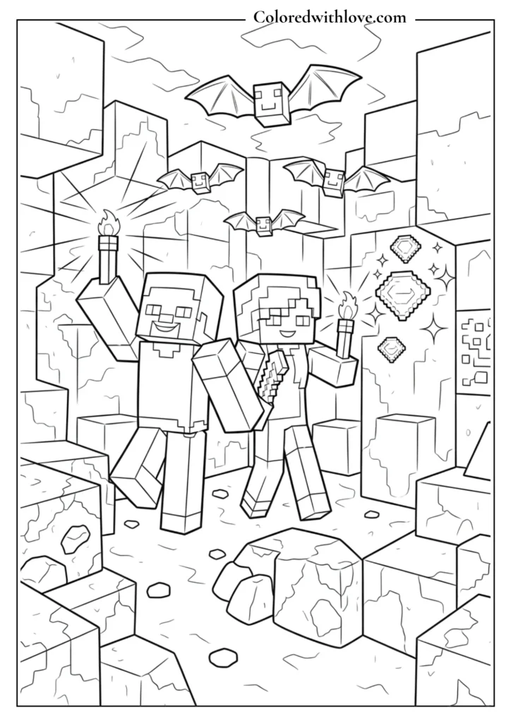 steve and alex exploring a cave coloring page