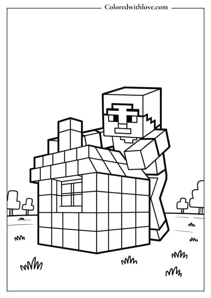 Steve building a wooden house block by block Coloring Page