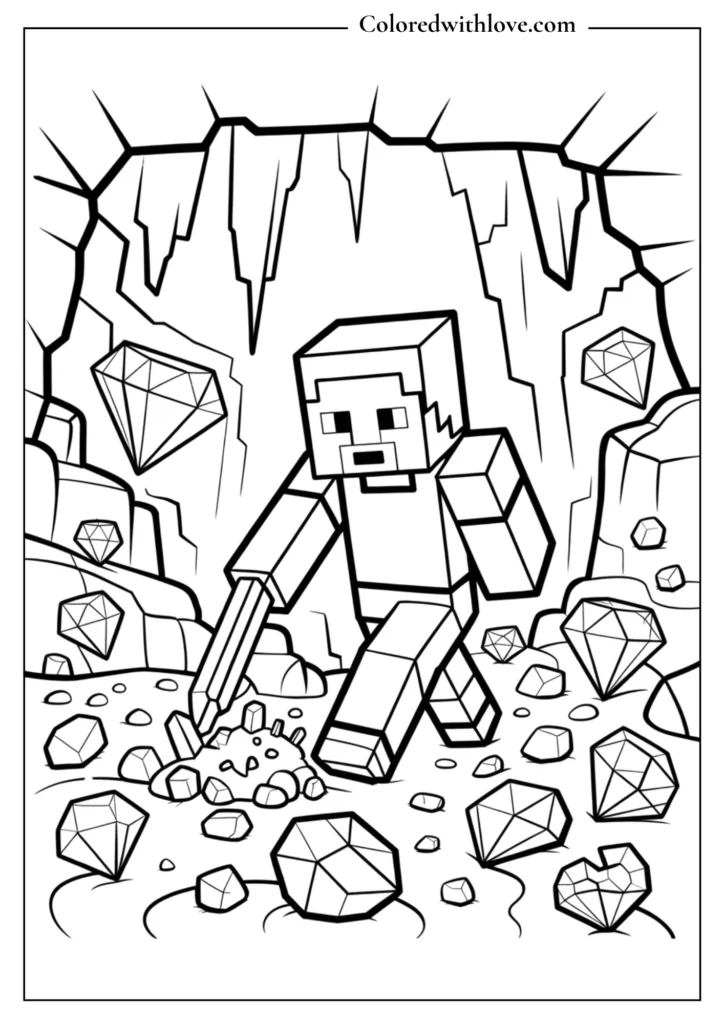 Steve mining diamonds deep underground Coloring Page