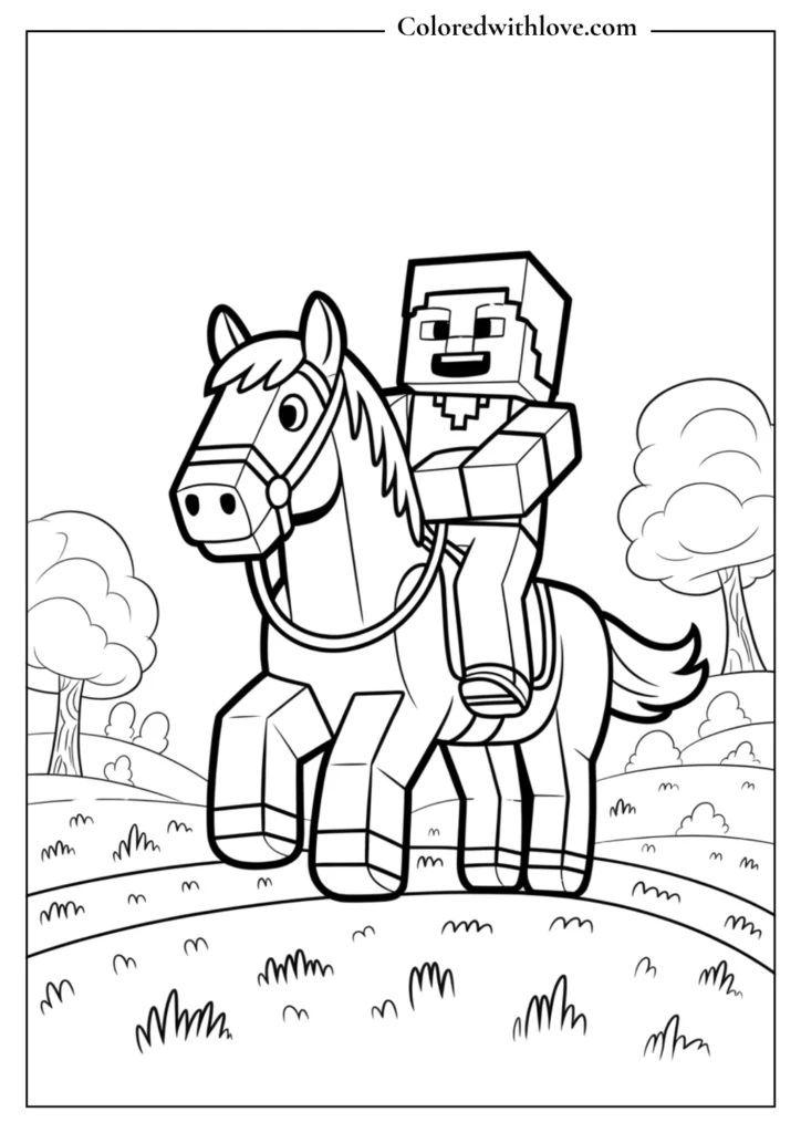 Steve riding a horse across a grassy biome Coloring Page