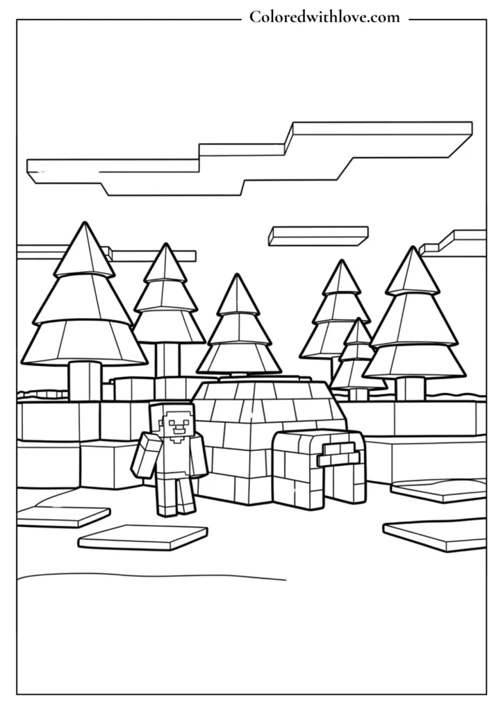 A snowy biome with an igloo Coloring Page