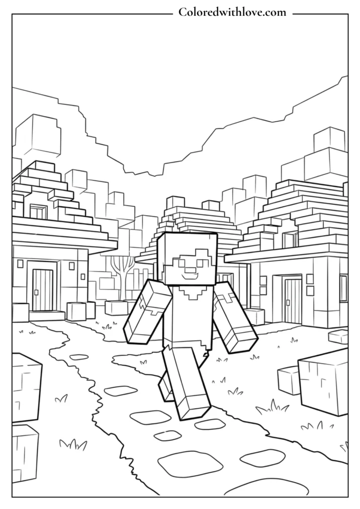 Minecraft walking through a village Coloring Page