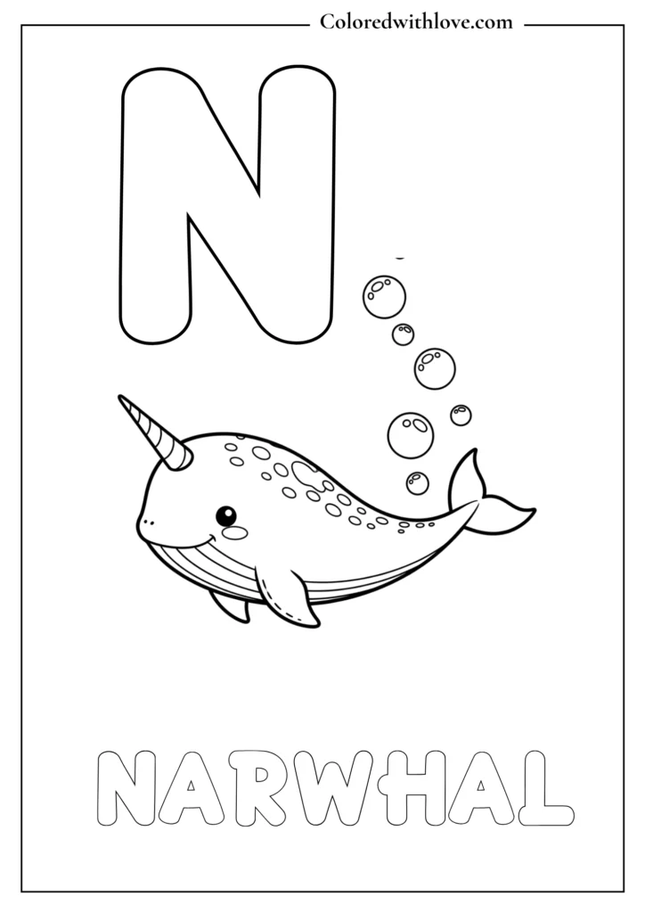 N is for Narwhal Alphabets Coloring pages