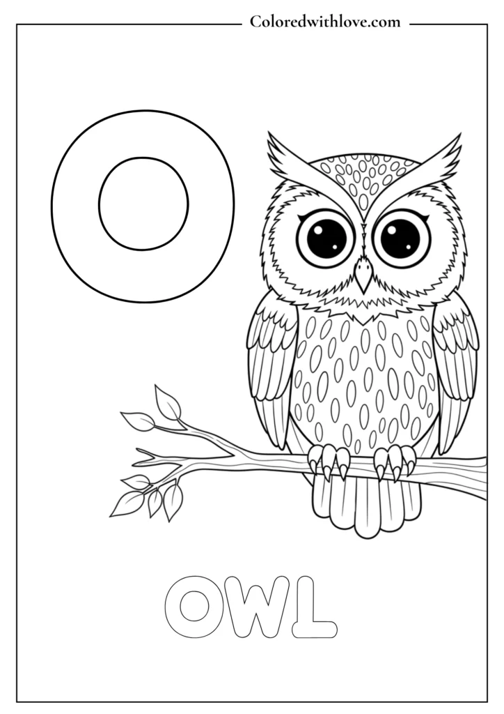O is for owl alpabet coloring page 