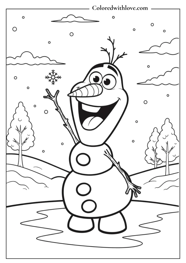 Olaf the snowman smiling widely and reaching for a floating snowflake coloring page.