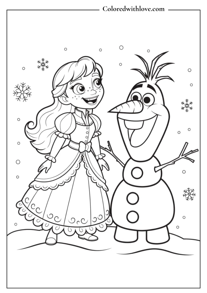 Anna and Olaf in winter scene coloring page