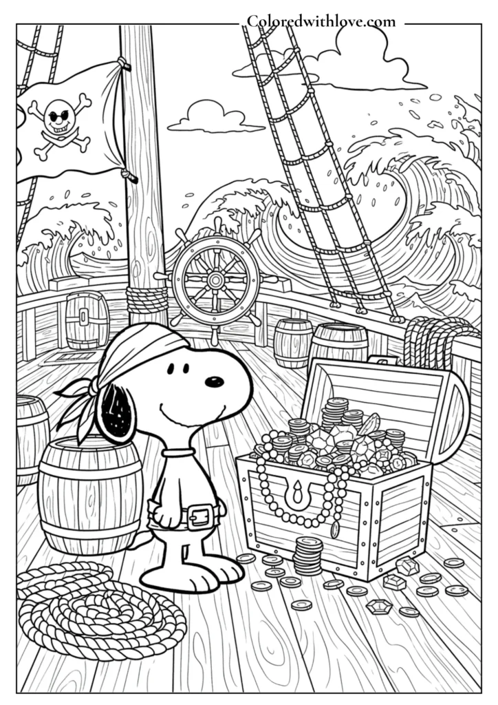 Pirate Snoopy on a wooden ship with a treasure chest coloring sheet.