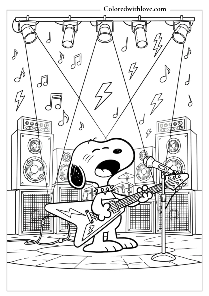 Snoopy playing electric guitar on a rock concert stage coloring page.