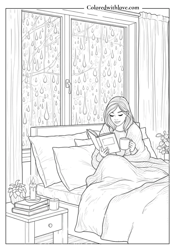 Cozy rainy bedroom coloring page with woman reading and drinking tea