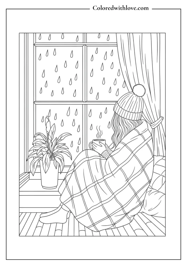 Cozy rainy window scene coloring page with person drinking tea