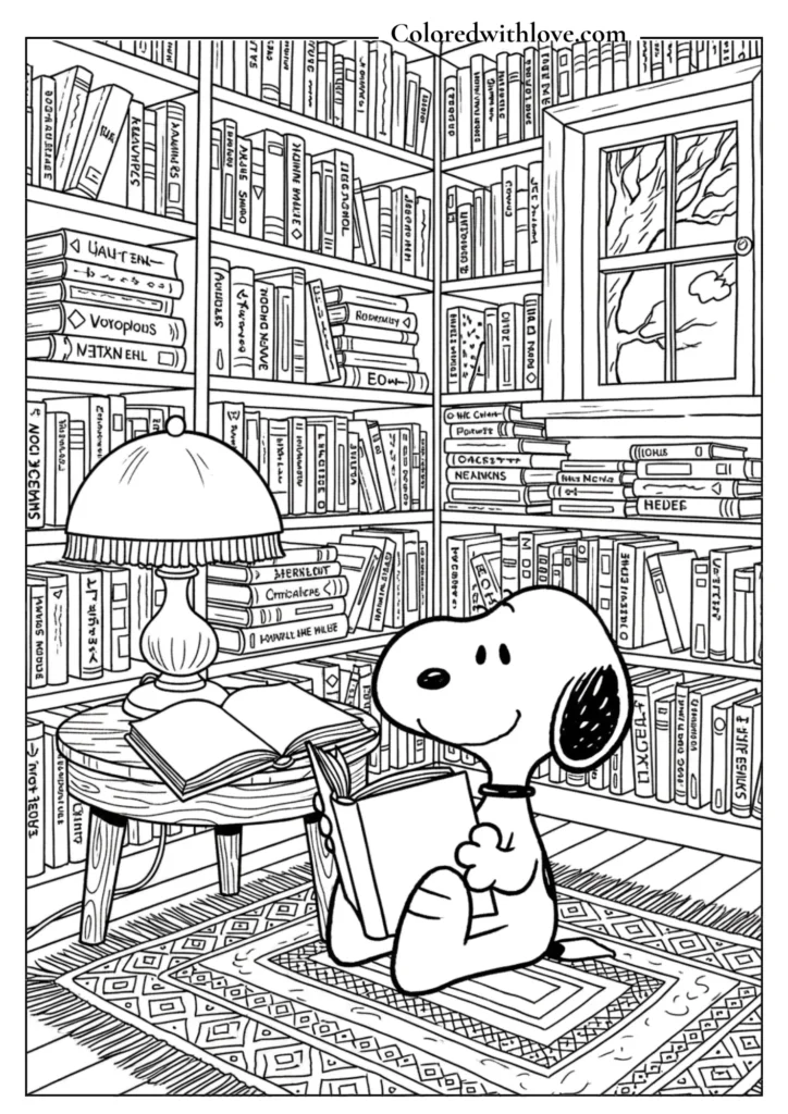 Snoopy reading a book in a cozy cluttered library coloring page.