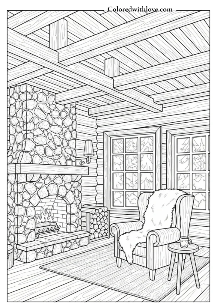 Rustic cabin interior coloring page with fireplace and armchair