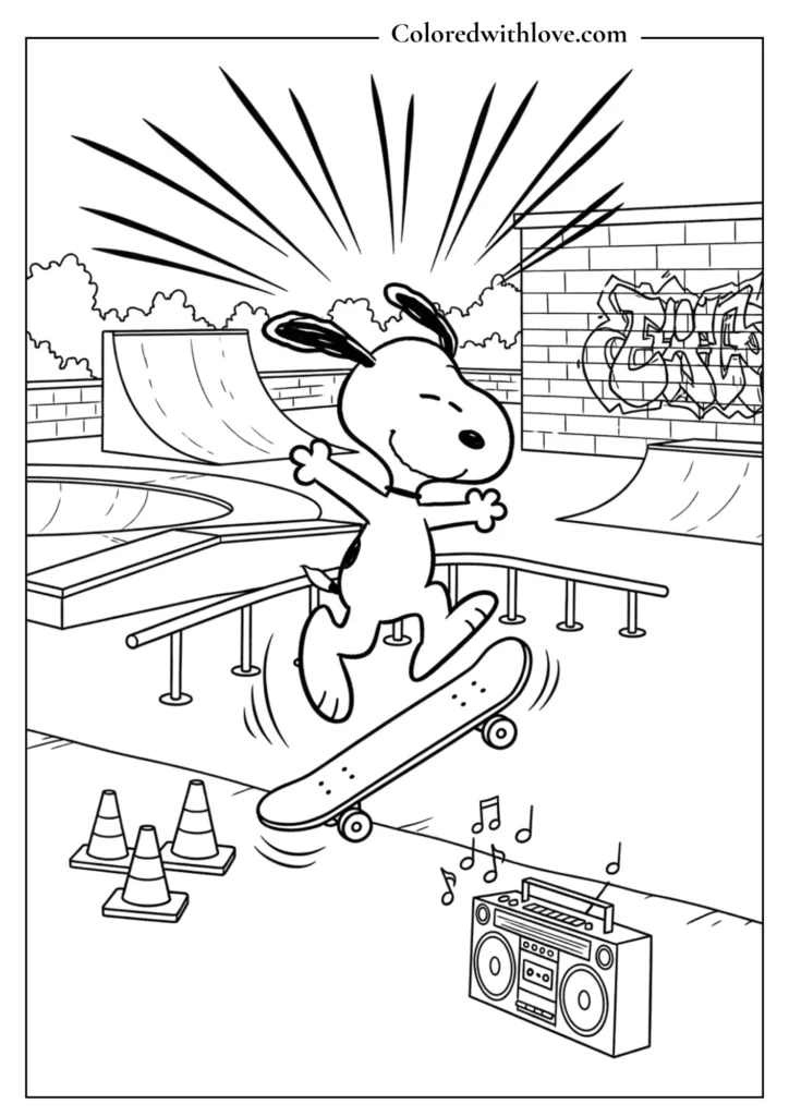 Snoopy doing a skateboarding trick at a busy skatepark coloring page.