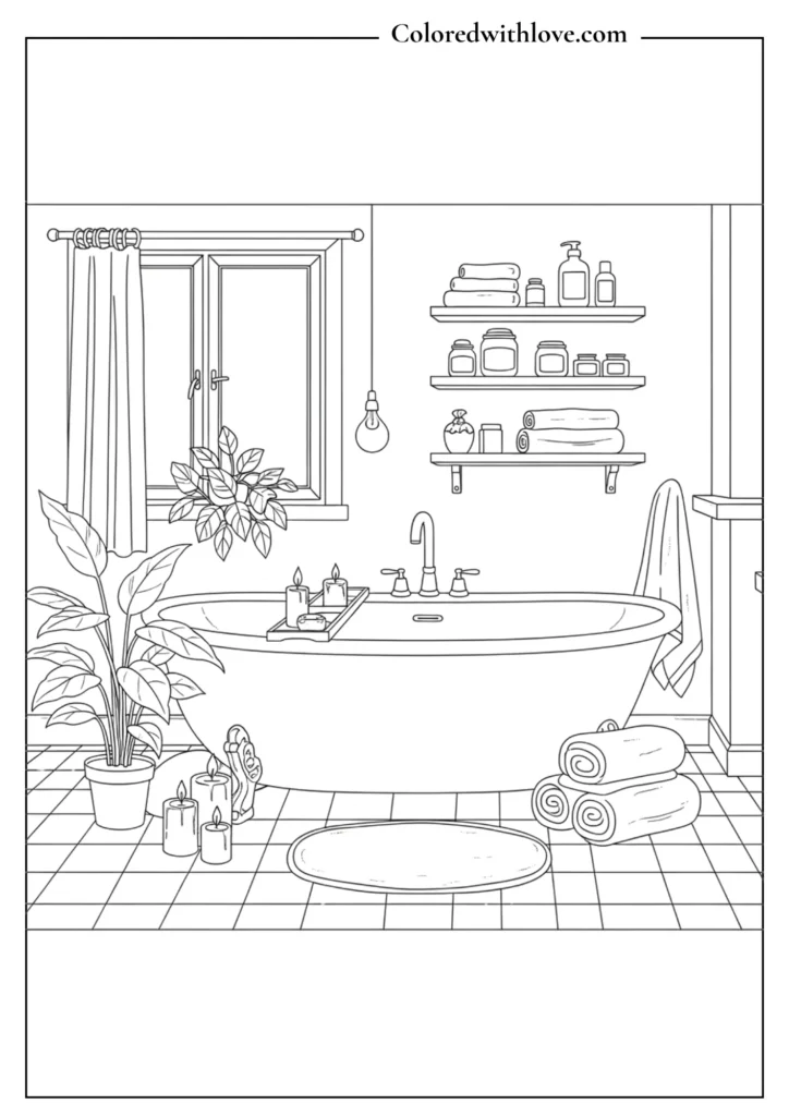 Cozy spa bathroom coloring page with bathtub, candles and towels