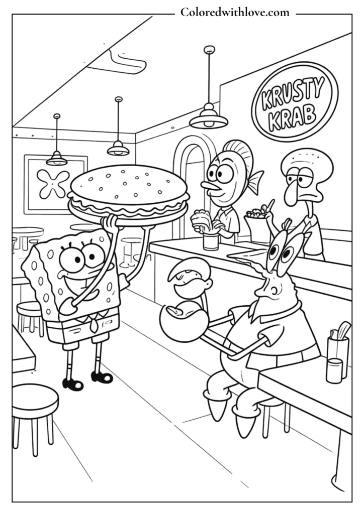 Sponge Bob Presenting a giant humburger Coloring Page