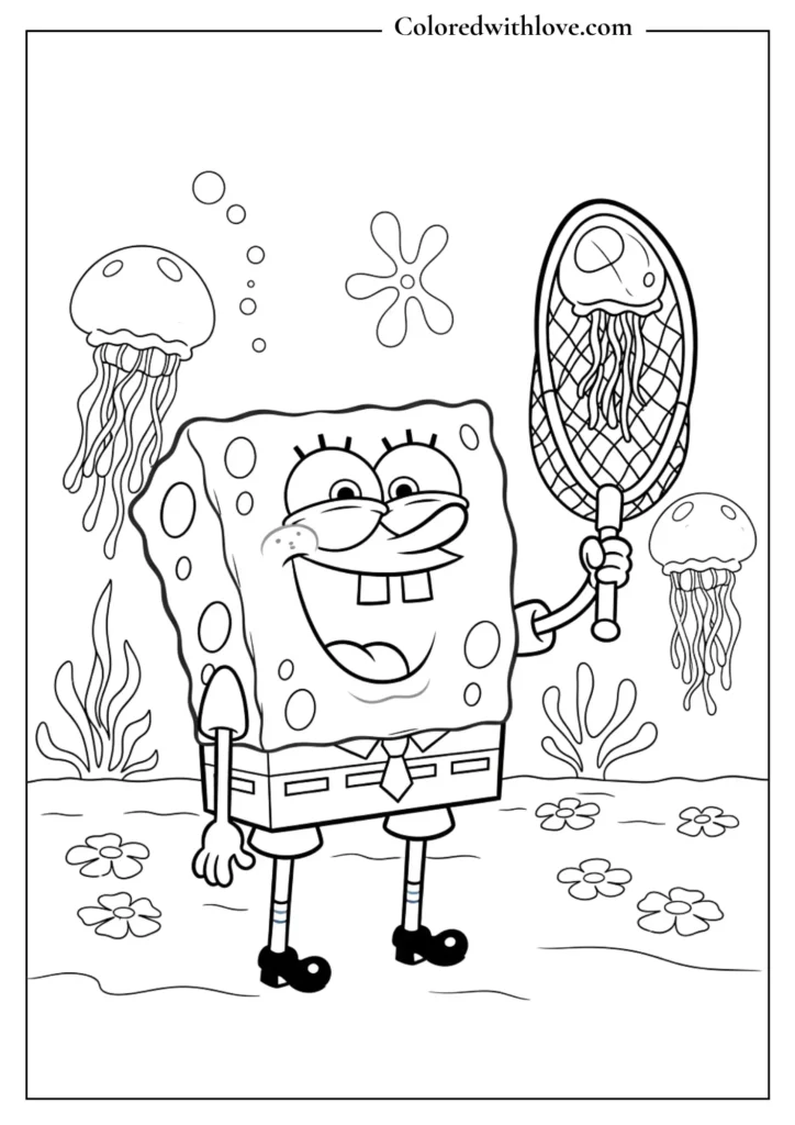 Sponge bob chasing jellyfishs coloring page