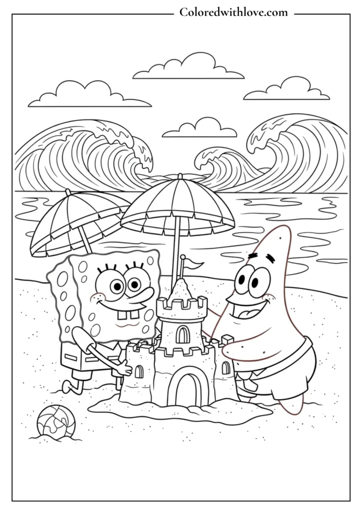Sponge Bob and Patrick Buiding A sandcastle Coloring Page