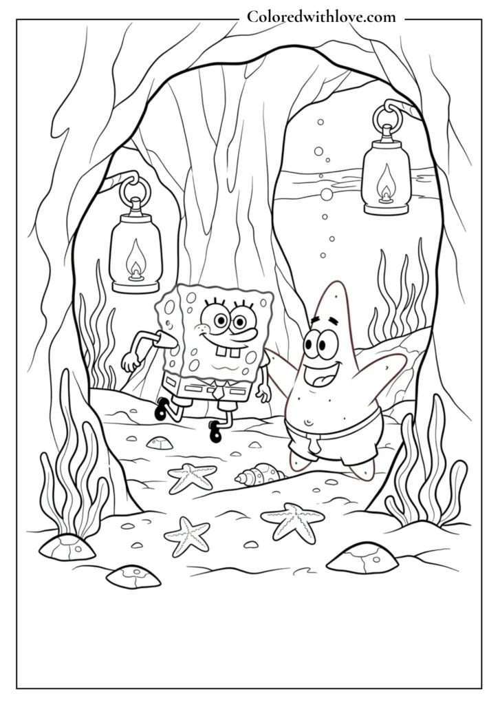 SpongeBob and Patrick exploring an underwater cave Coloring Page