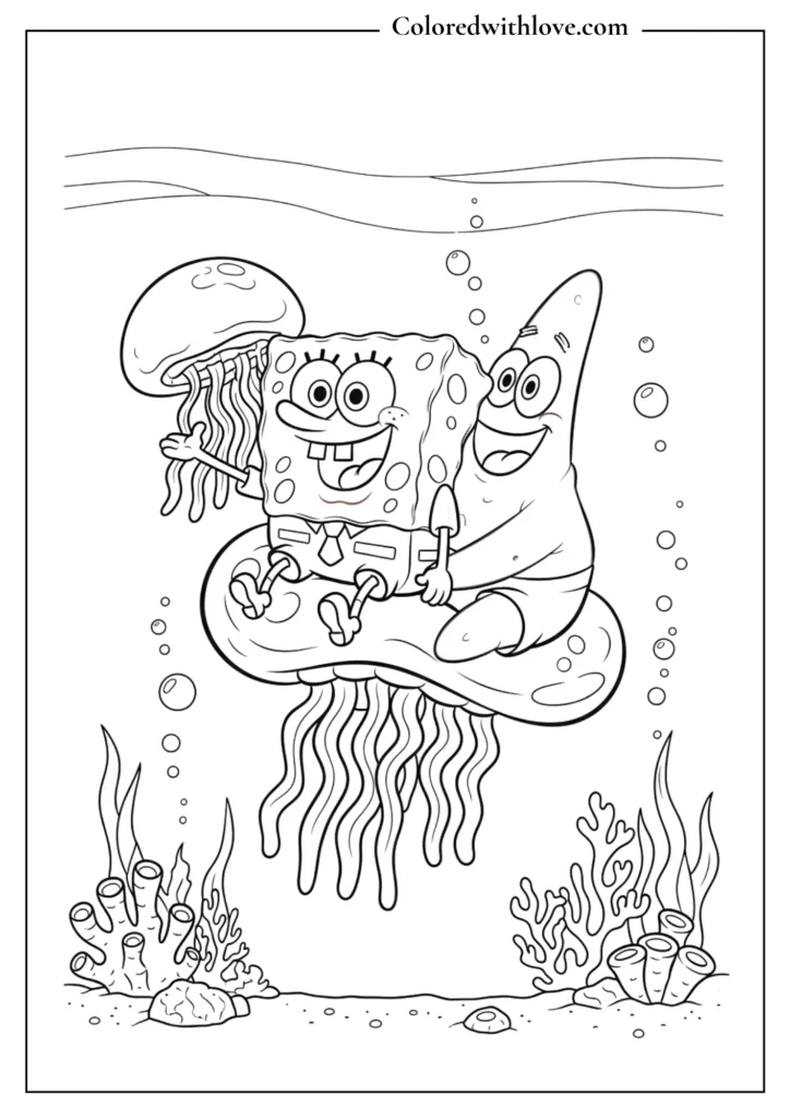 SpongeBob and Patrick riding jellyfish together Coloring Page
