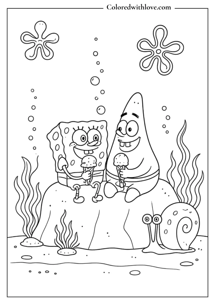 SpongeBob and Patrick sitting together eating ice cream Coloring Page
