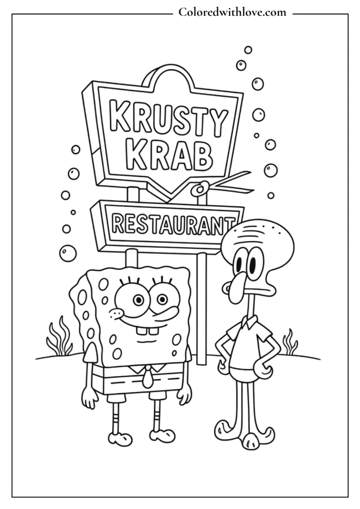 SpongeBob and Squidward standing outside the Krusty Krab restaurant Coloring Page