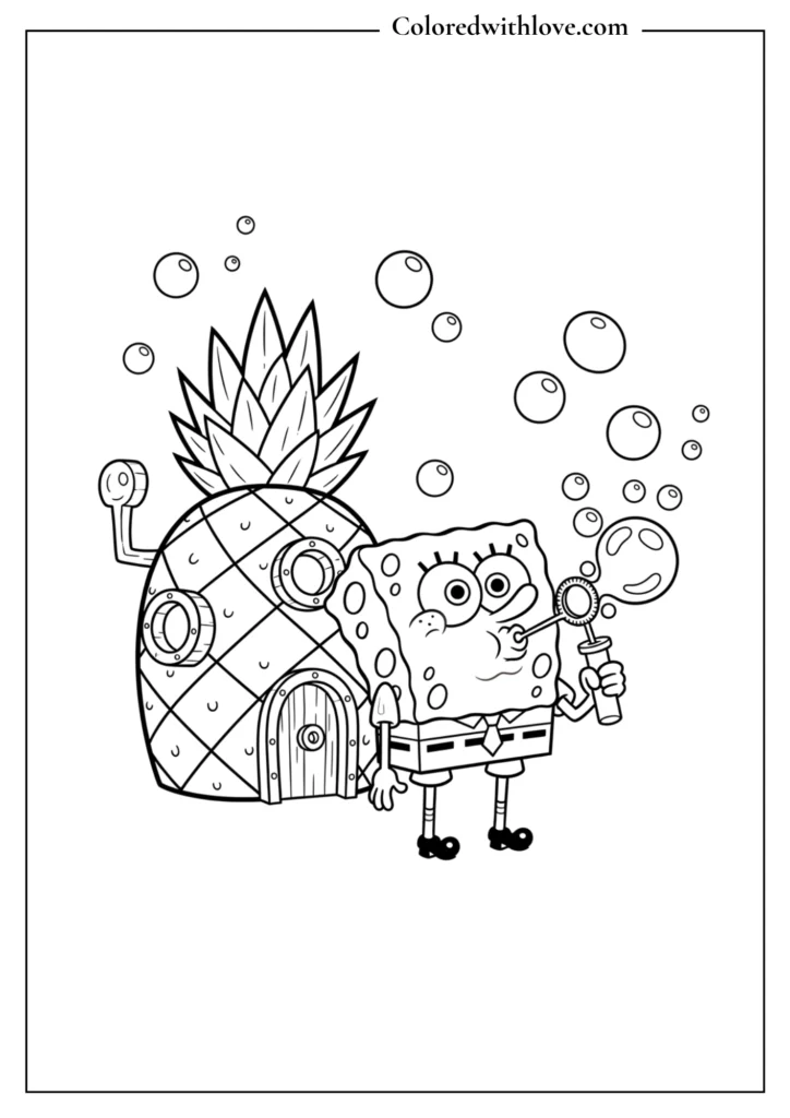 SpongeBob blowing bubbles with a bubble wand Coloring Pages
